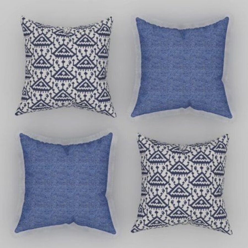 4 Pc Decorative Throw Pillow Covers Square 18 X 18 Blue Chambray Texture & Ikat